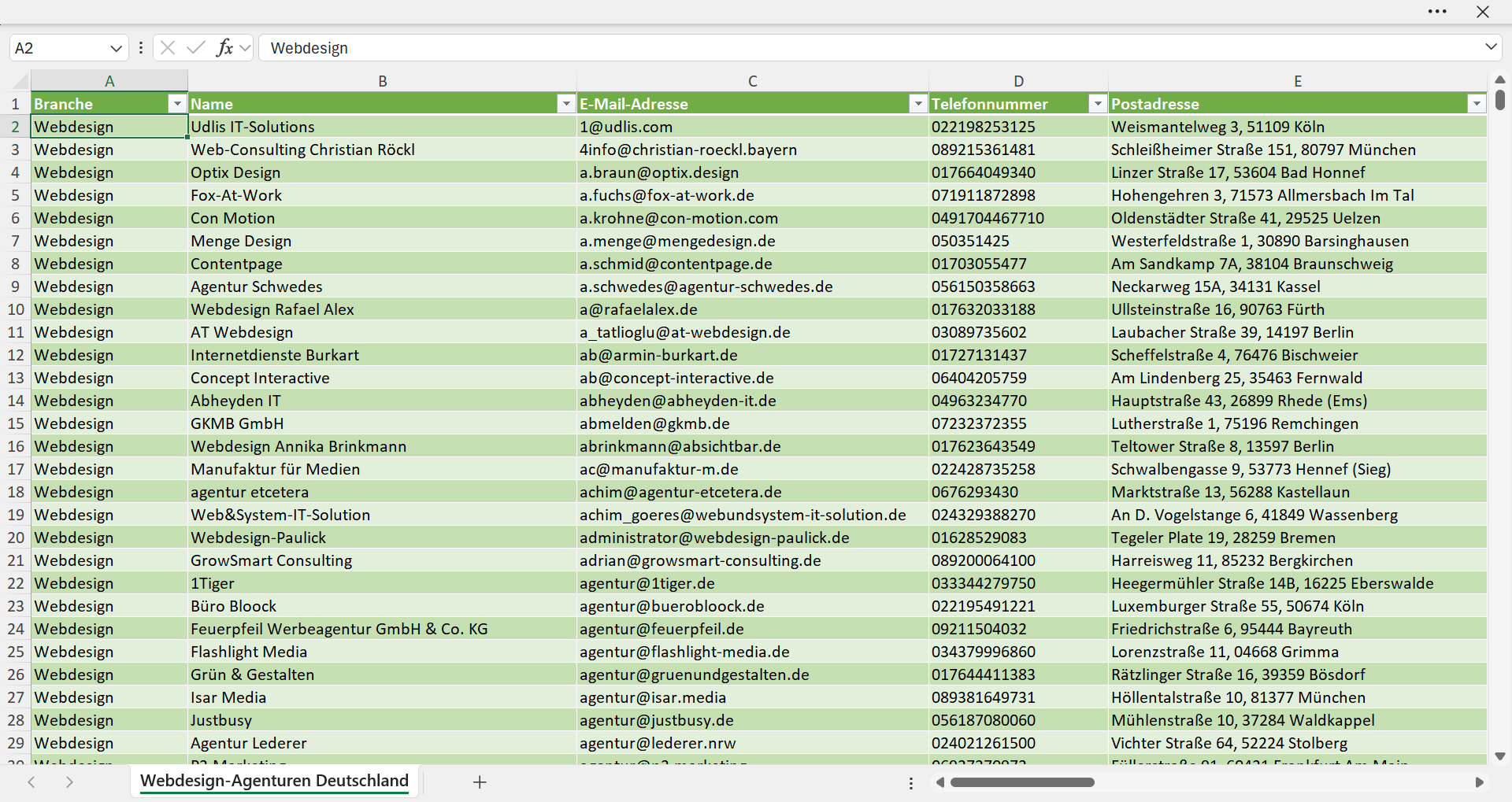 Vorschau der Liste mit den Webdesign Adressen