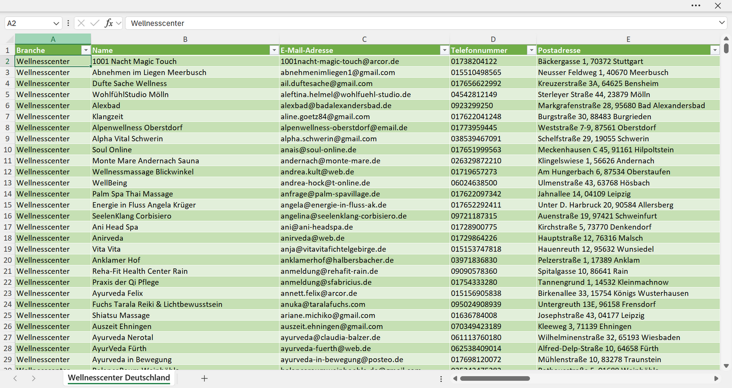 Vorschau der Liste mit den Adressen der Wellness-Center