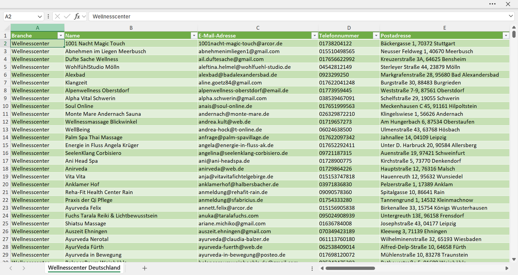Vorschau der Liste mit den Adressen der Wellness-Center