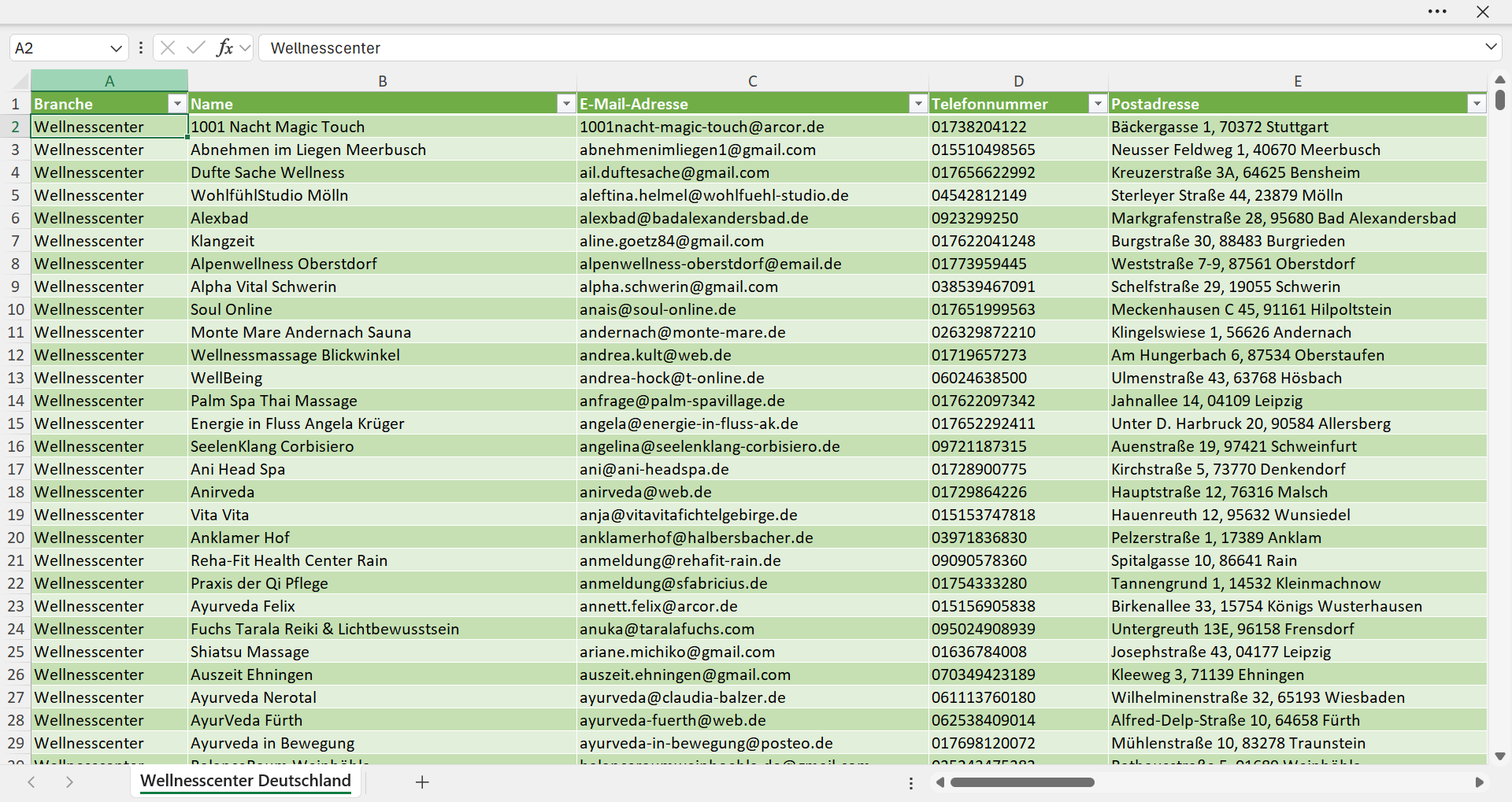 Vorschau der Liste mit den Adressen der Wellness-Center