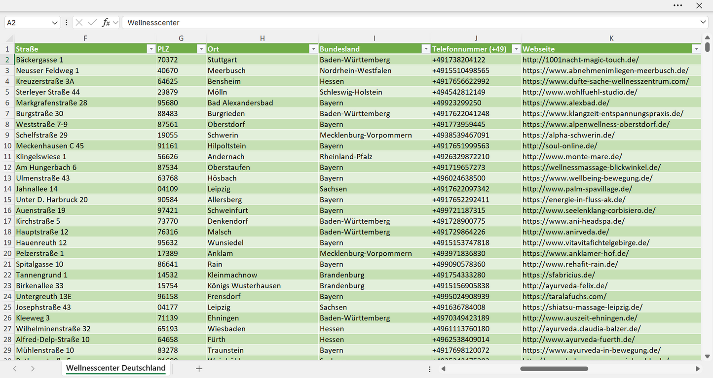 Weitere Vorschau der Liste mit den Adressen der Wellness-Center