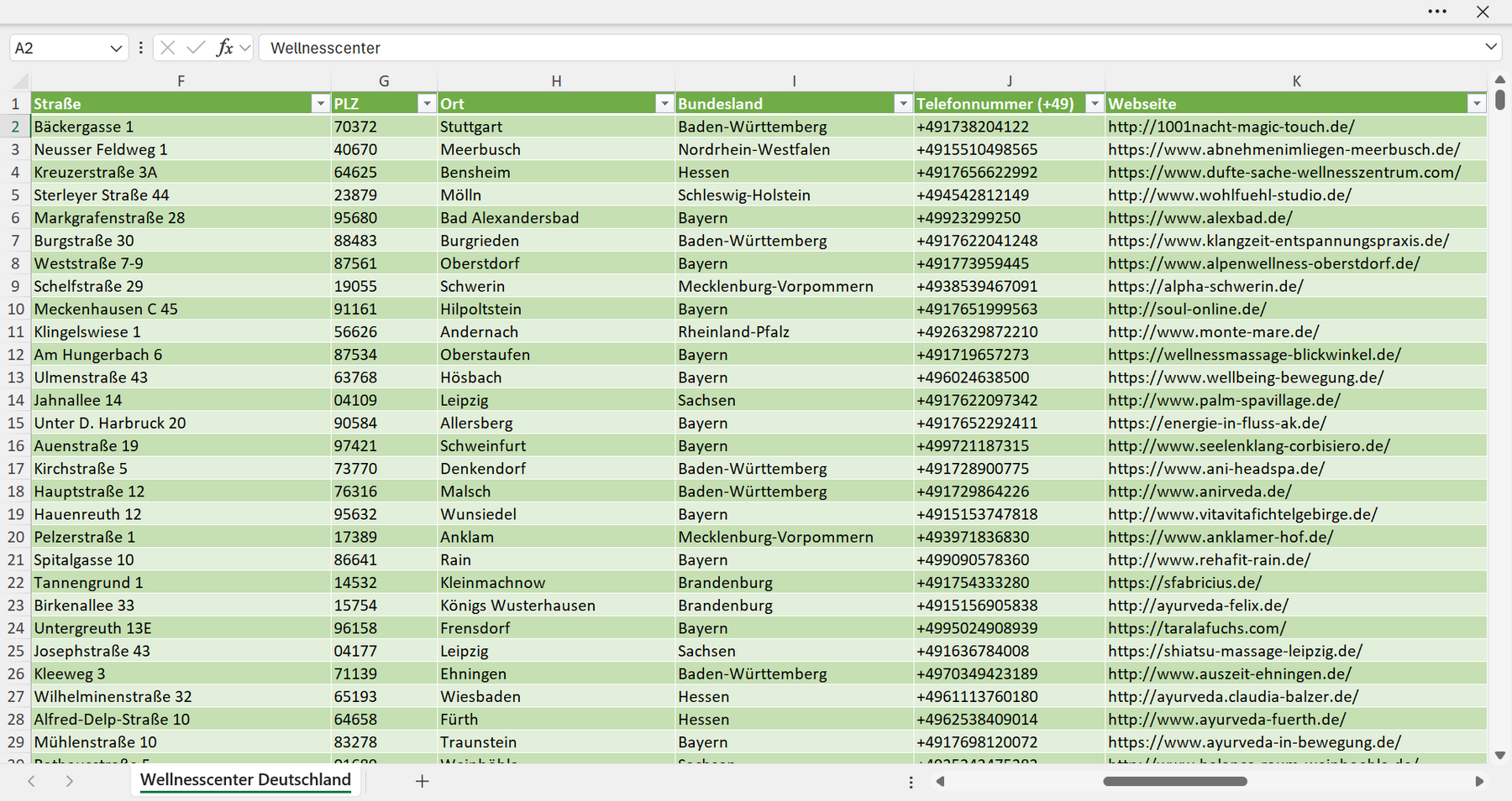Weitere Vorschau der Liste mit den Adressen der Wellness-Center