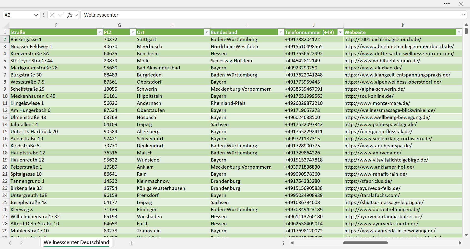 Weitere Vorschau der Liste mit den Adressen der Wellness-Center