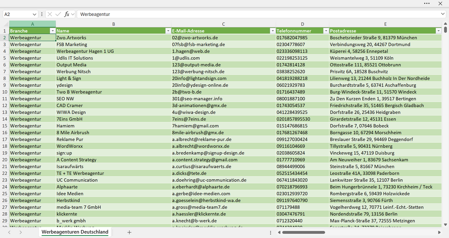 Vorschau der Liste mit den Werbeagentur Adressen