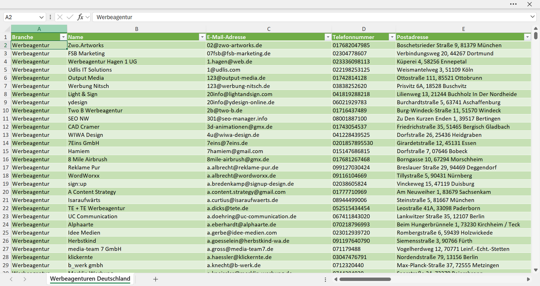 Vorschau der Liste mit den Werbeagentur Adressen