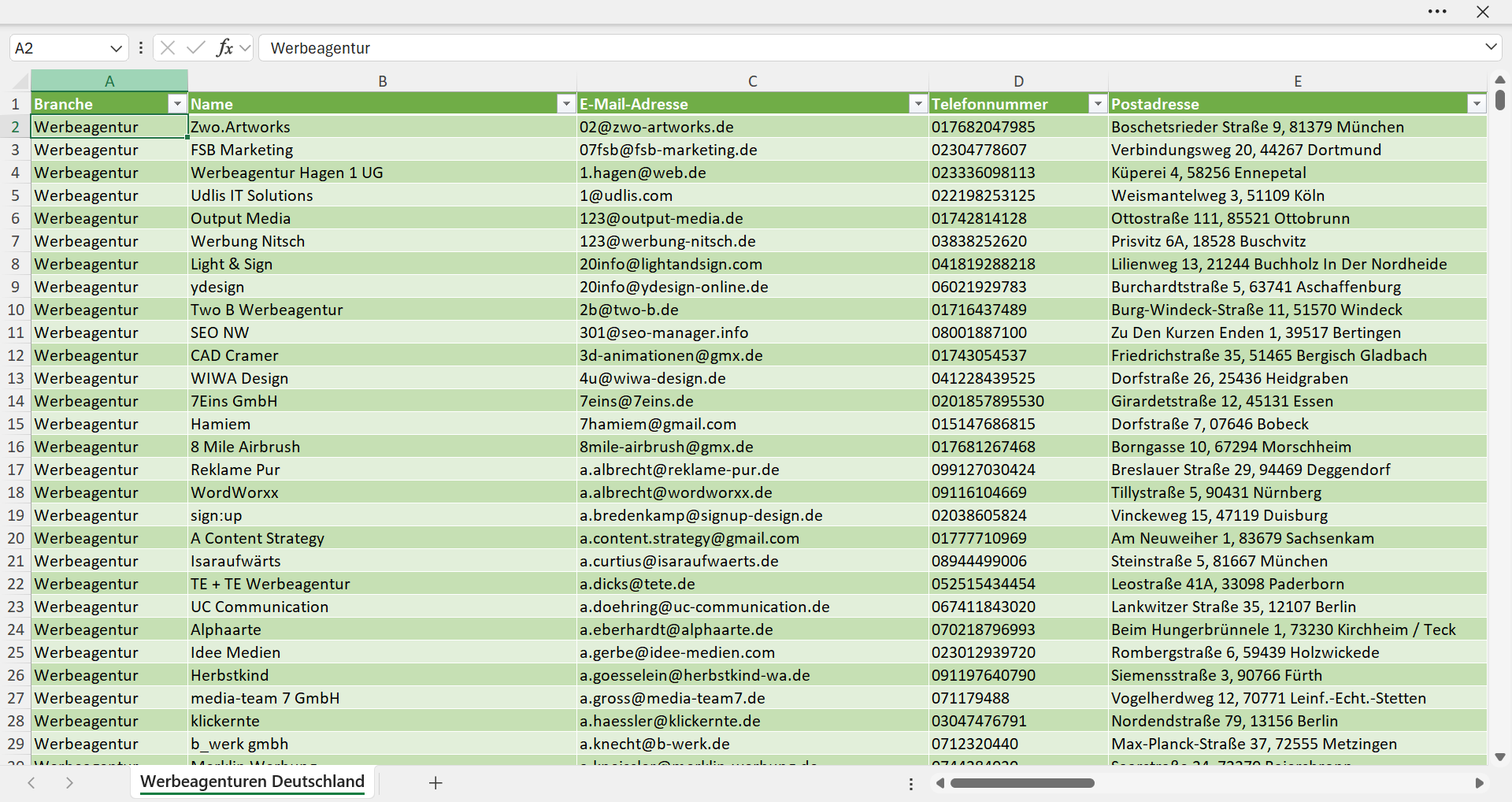 Vorschau der Liste mit den Werbeagentur Adressen