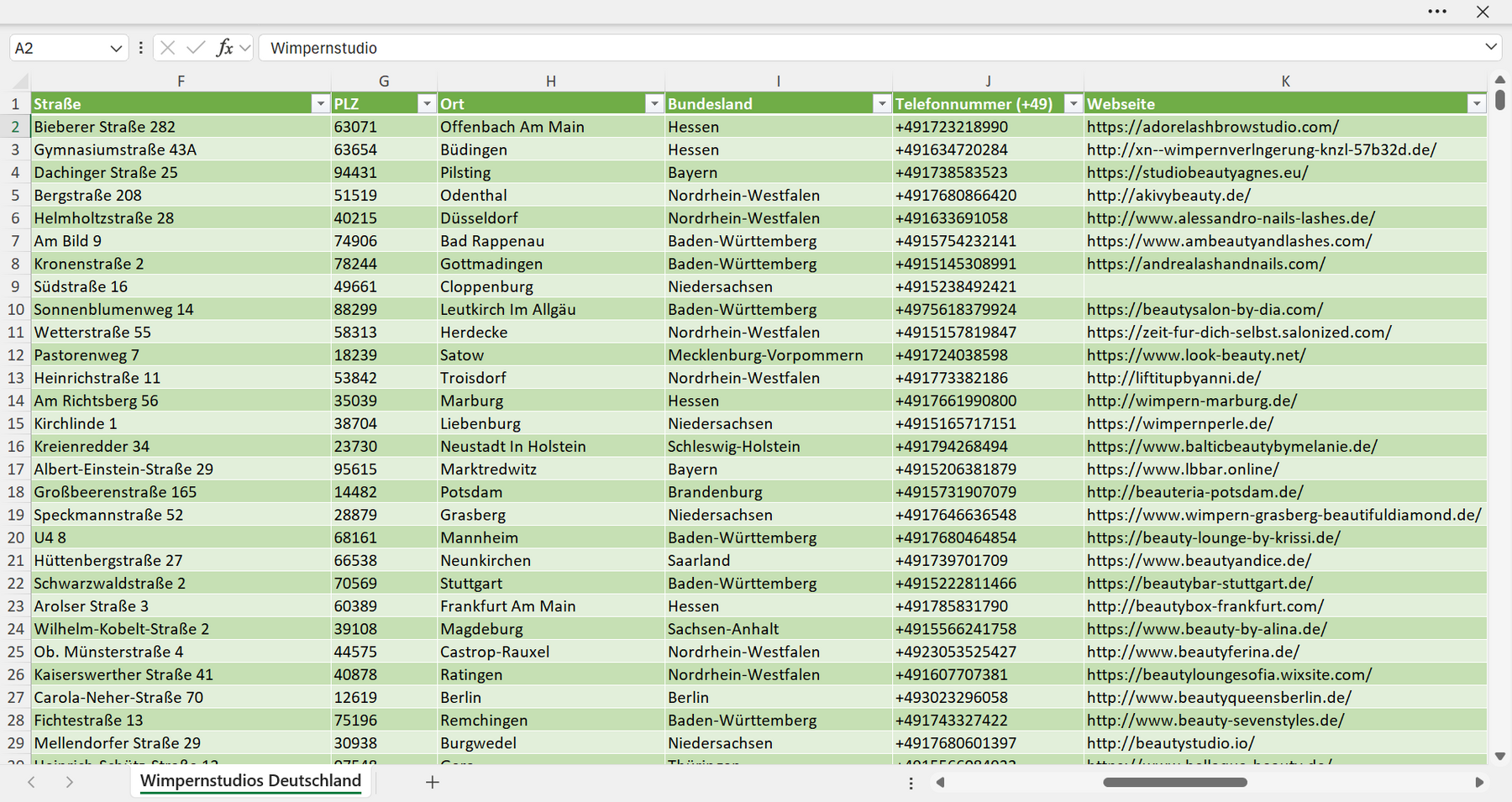 Weitere Vorschau der Liste mit den Wimpernstudio Adressen