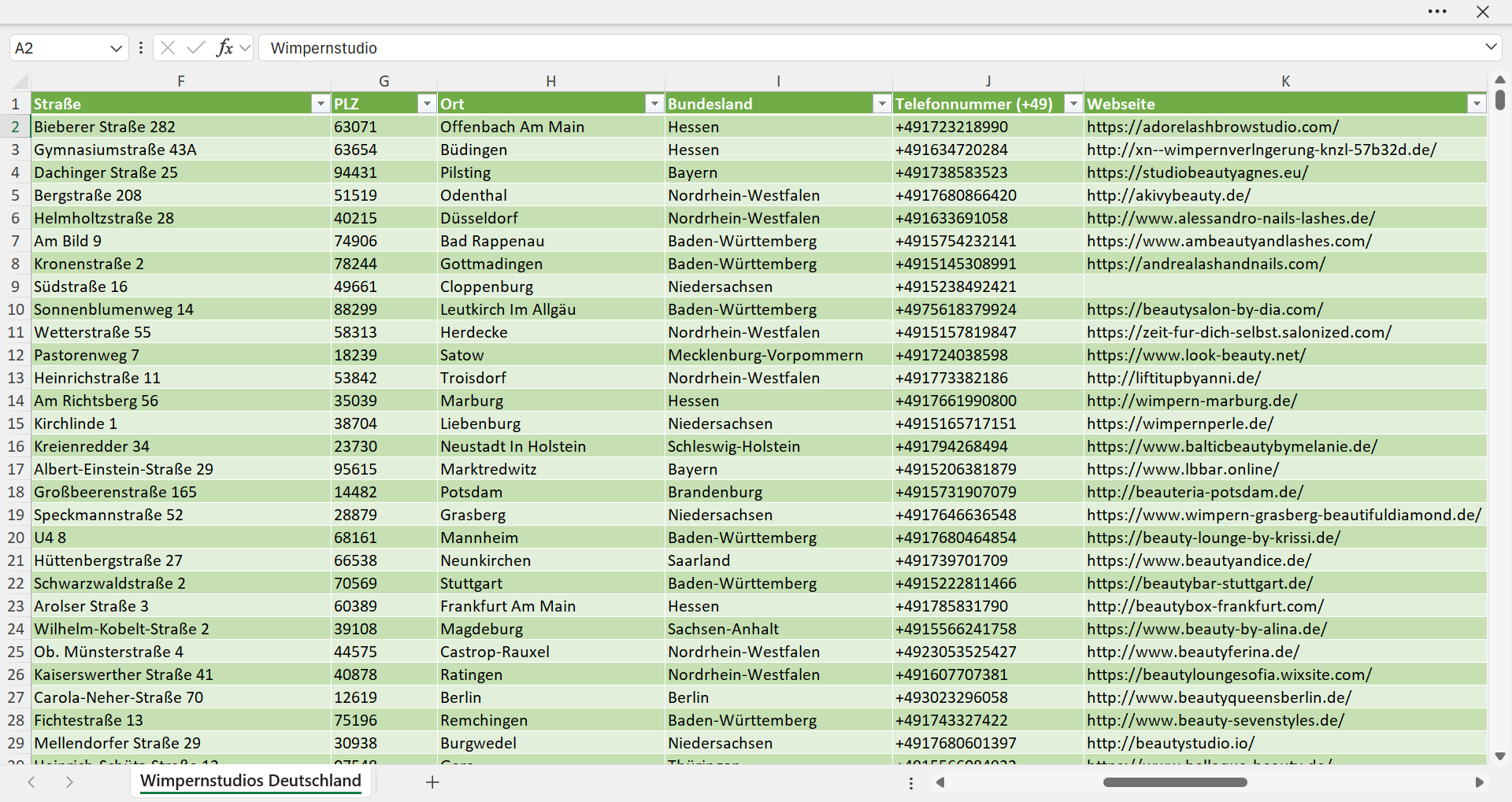 Weitere Vorschau der Liste mit den Wimpernstudio Adressen