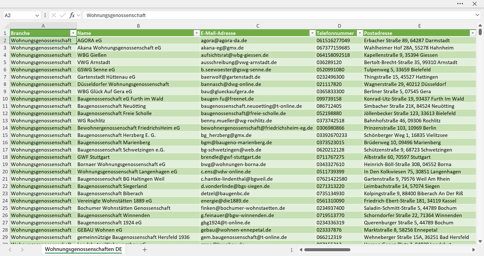 Vorschau der Liste mit den Adressen der Wohnungsbaugenossenschaften
