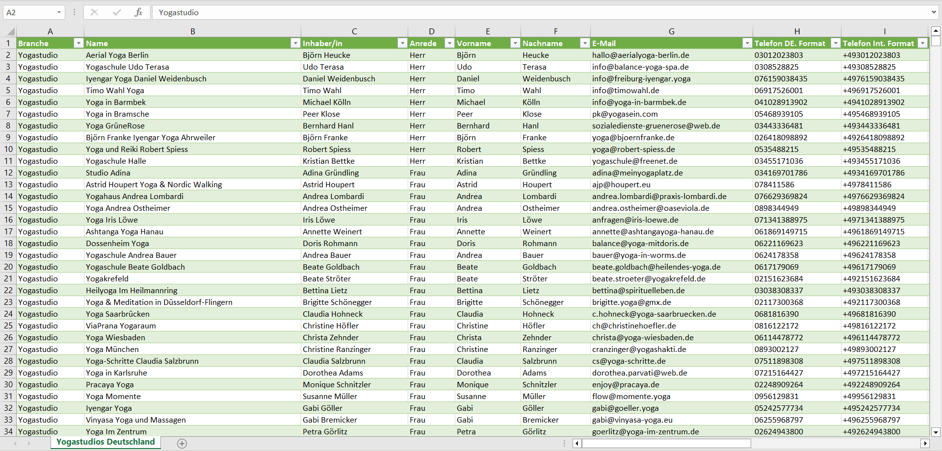 Vorschau der Liste mit den Yogastudio Adressen