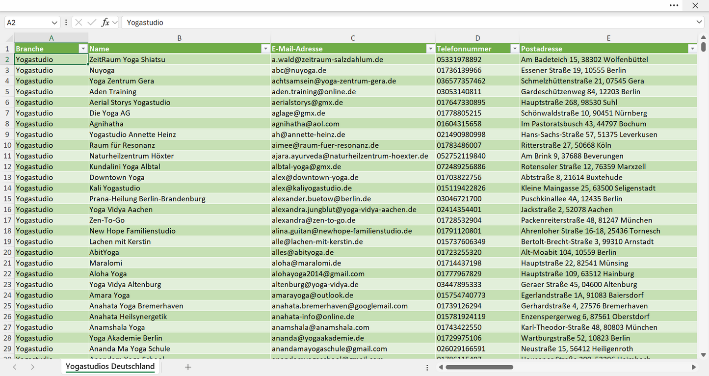 Vorschau der Liste mit den Yogastudio Adressen