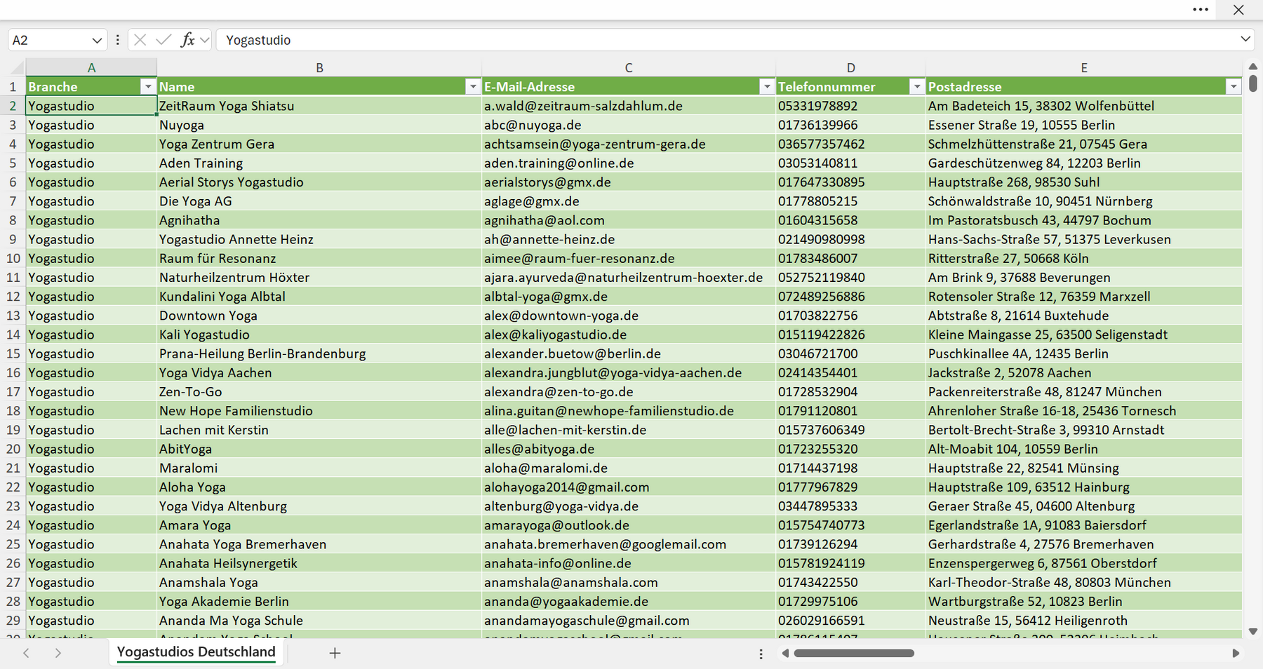 Vorschau der Liste mit den Yogastudio Adressen