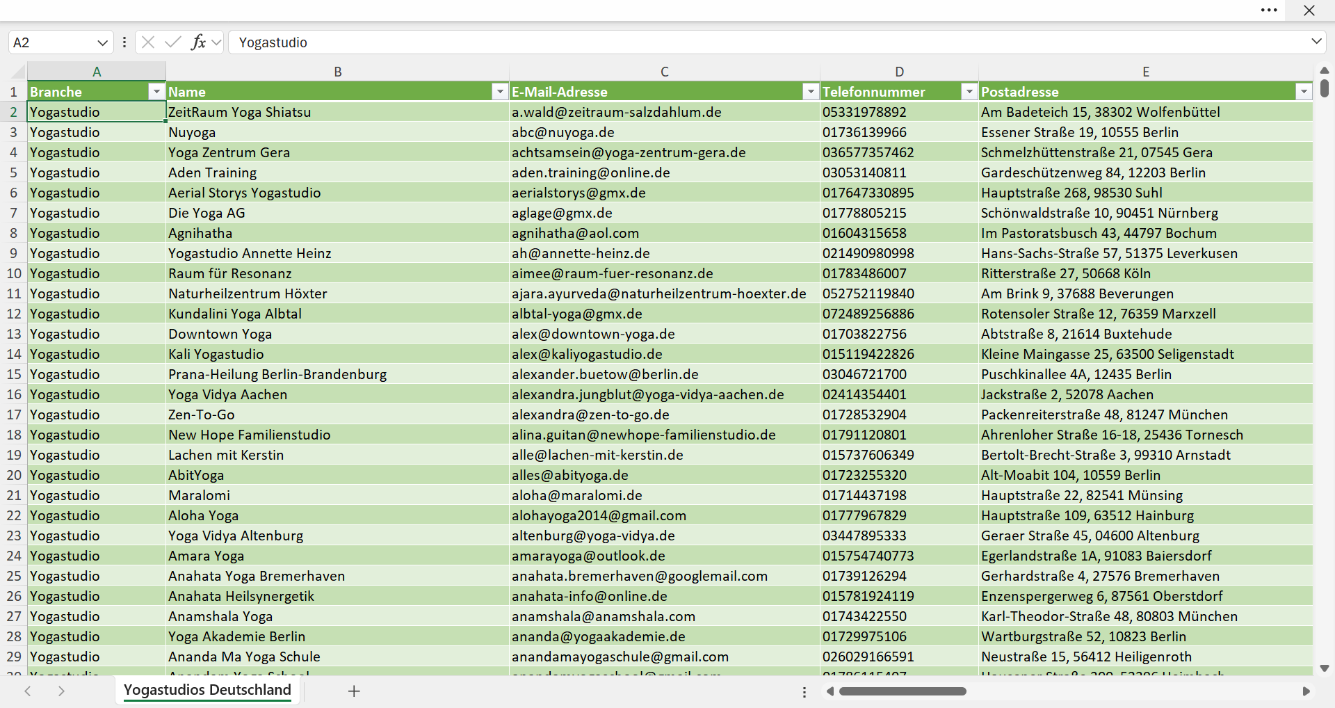 Vorschau der Liste mit den Yogastudio Adressen