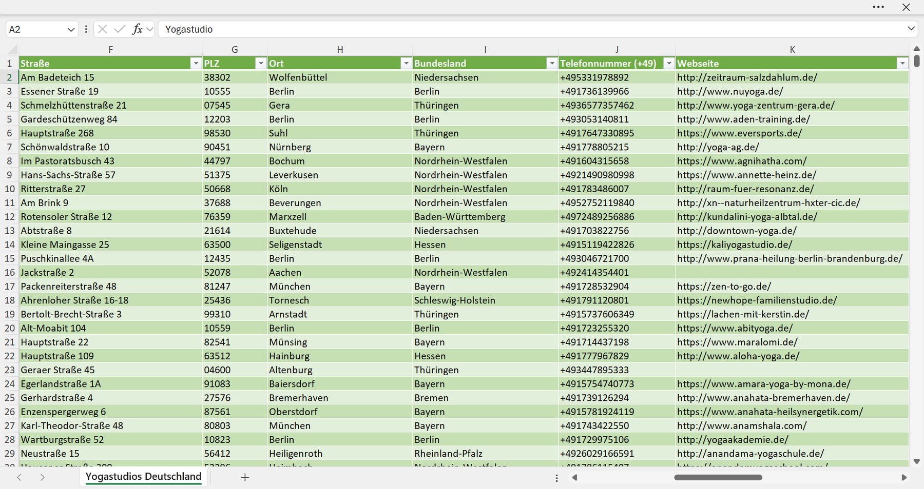 Weitere Vorschau der Liste mit den Yogastudio Adressen
